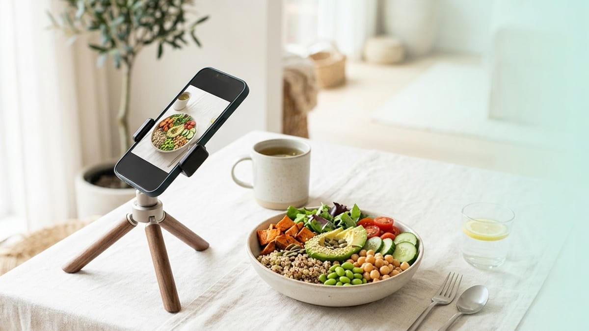 Smartphone scannant un repas posé sur une table, illustration du comptage des calories