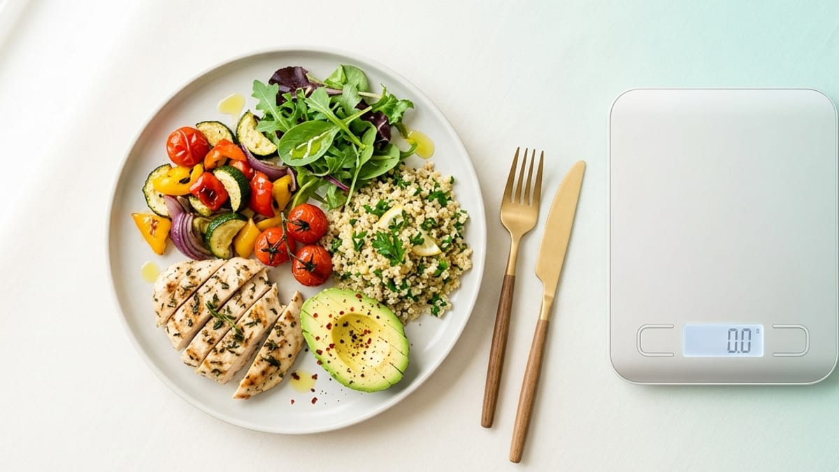 Assiette équilibrée et balance, illustration d'un déficit calorique maîtrisé