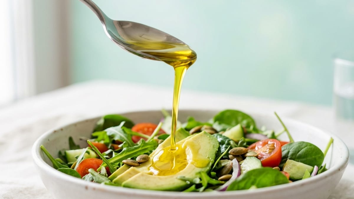Filet d'huile versé dans une poêle, illustration des calories cachées