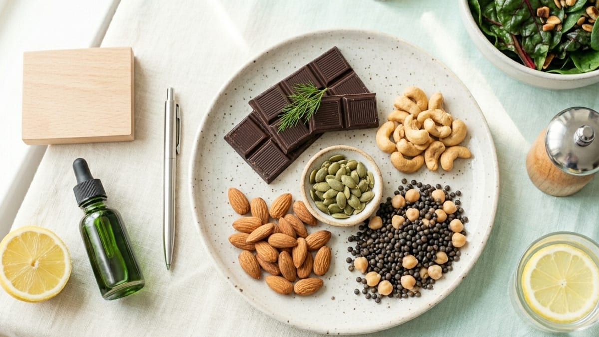 Chocolat noir, oléagineux et légumineuses, illustration du magnésium