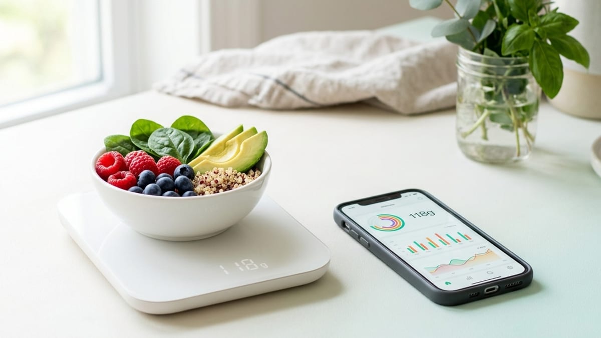 Balance de cuisine et smartphone à côté d'une assiette, illustration peser ou scanner