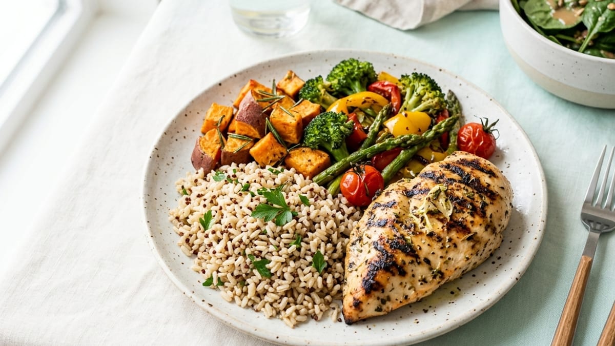 Assiette riche en protéines et féculents complets, illustration d'une prise de muscle maîtrisée