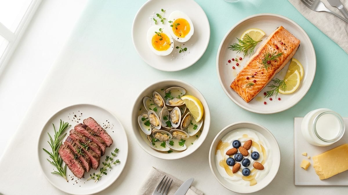 Œufs, poisson, viande et produits laitiers, illustration de la vitamine B12