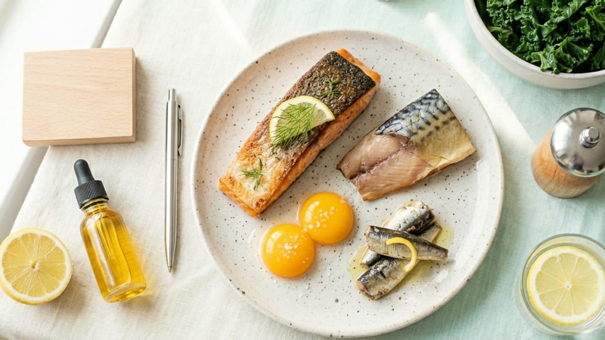Poissons gras, œufs et soleil, illustration de la vitamine D