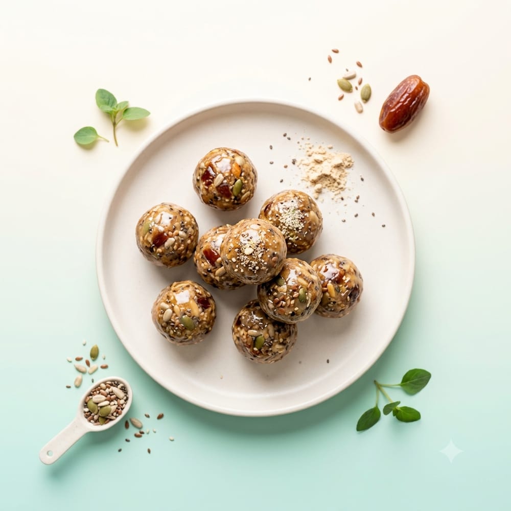 Bouchées de dattes, protéine végétale et graines