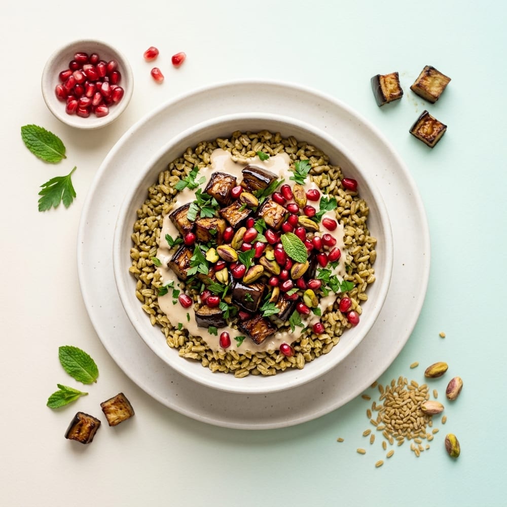 Bowl de freekeh aux aubergines rôties, tahini et grenades