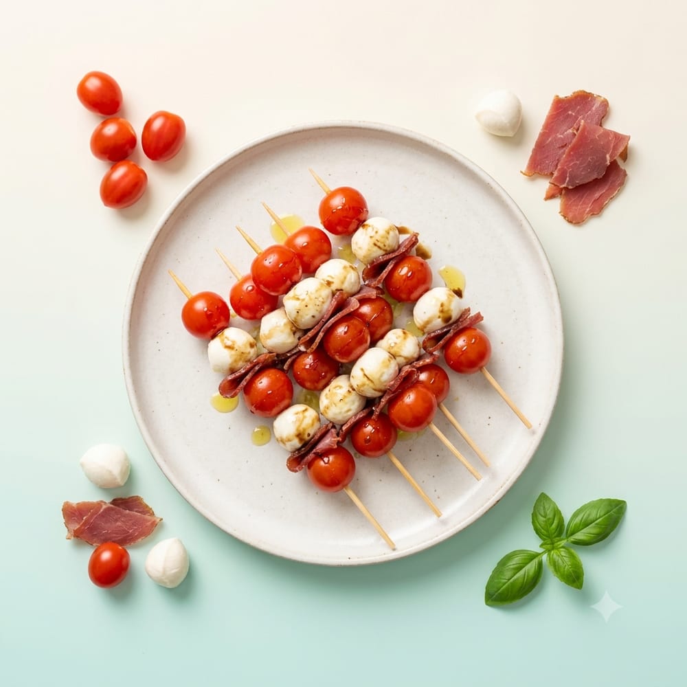 Brochette de mozzarella, dinde séchée et tomates cerises