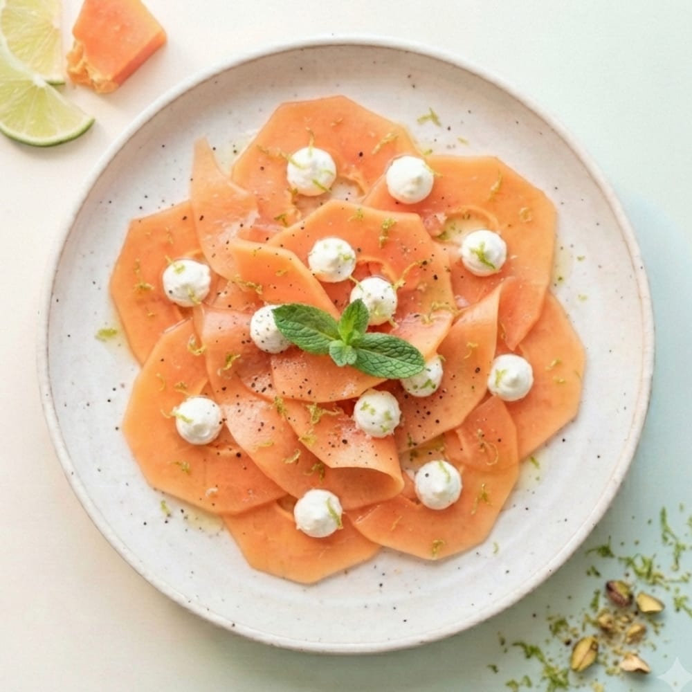 Carpaccio de papaye au citron vert et fromage blanc de chèvre