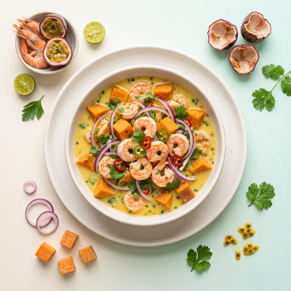 Ceviche de crevettes sauvages au fruit de la passion et patate douce