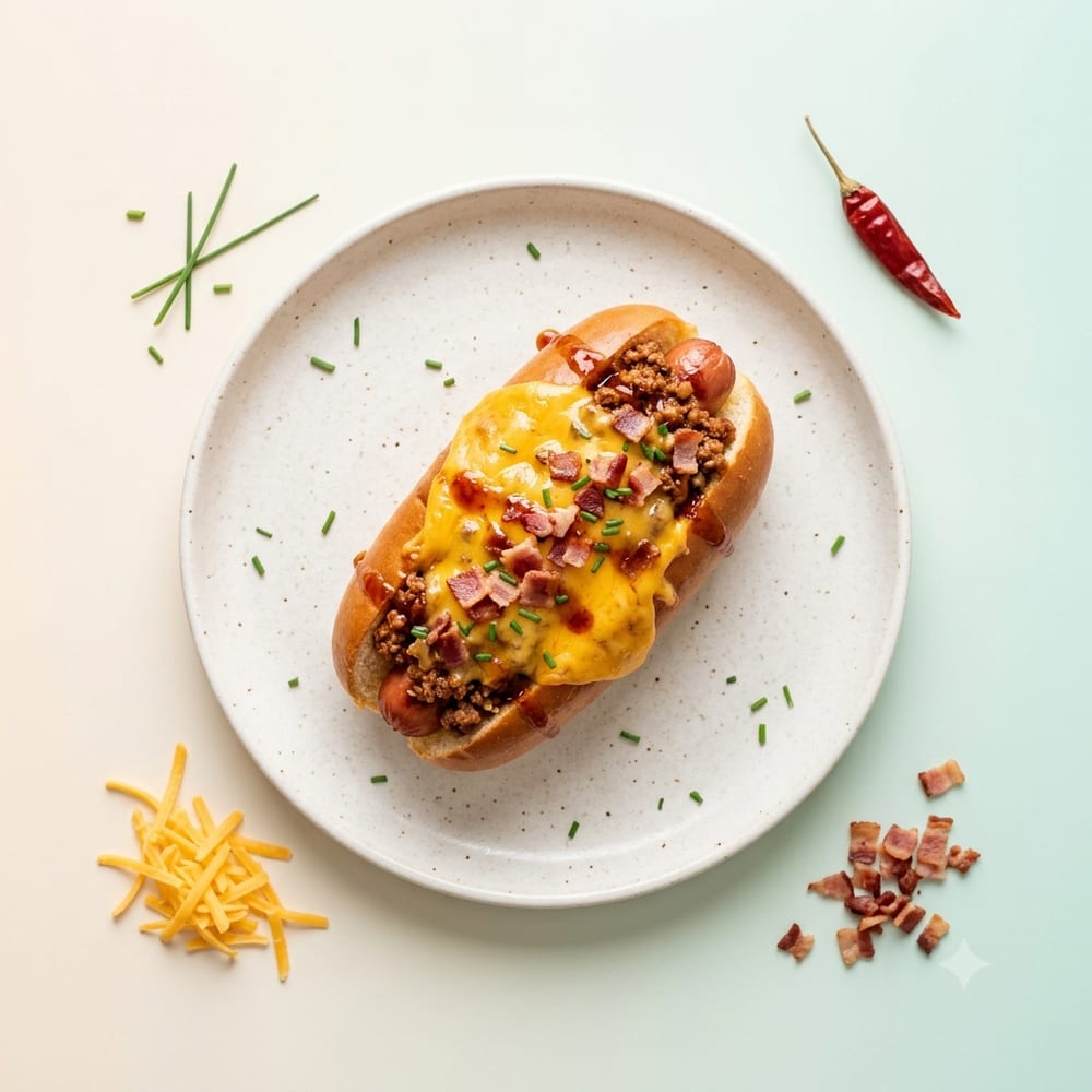 Chili Cheese Hot-Dog au Bacon et Cheddar Fondu