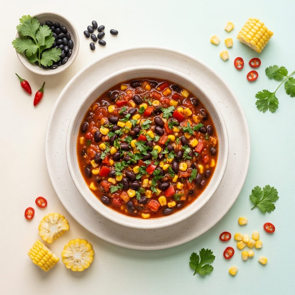 Chili sin carne aux haricots noirs, maïs et coriandre