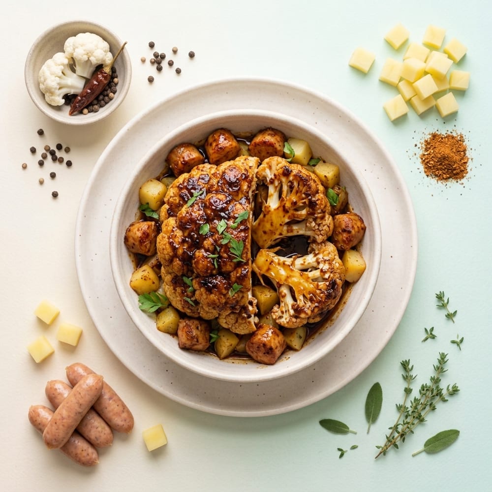 Chou-fleur rôti entier aux épices cajun et saucisse de volaille