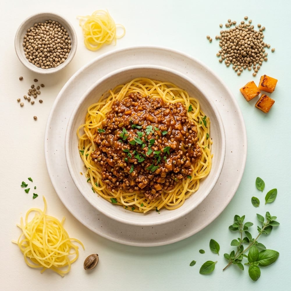 Courge spaghetti à la bolognaise végétale de chanvre