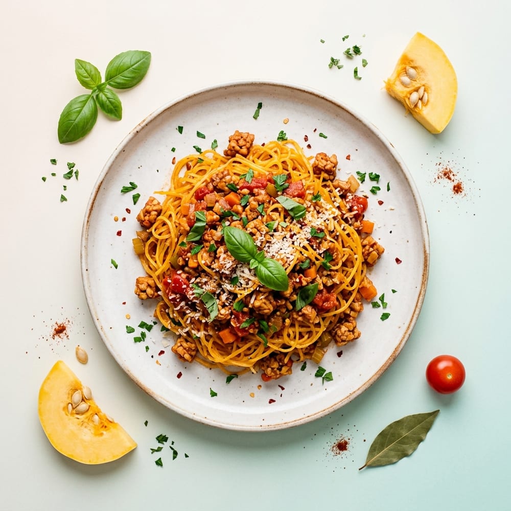 Courge spaghetti à la bolognaise végétale de tempeh