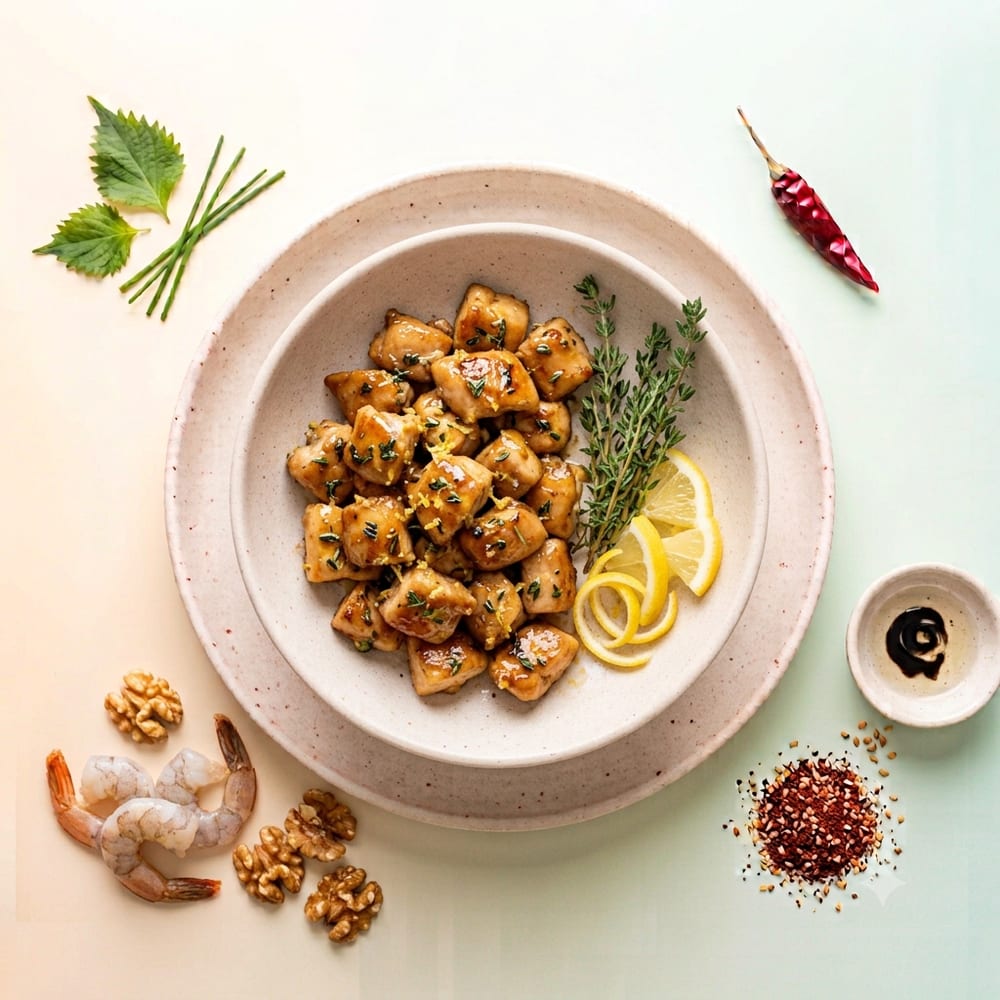 Dés de poulet mariné au thym et citron