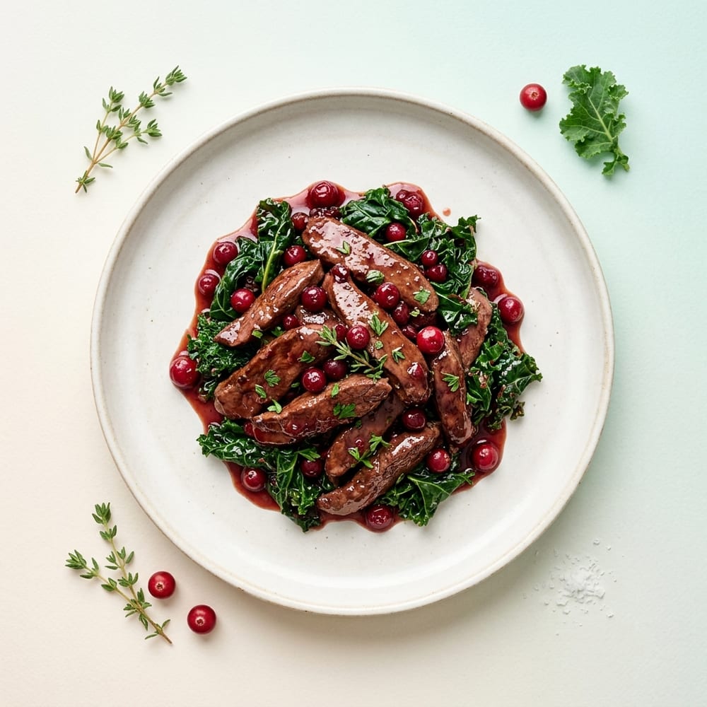 Émincé de biche sauté aux airelles et chou kale