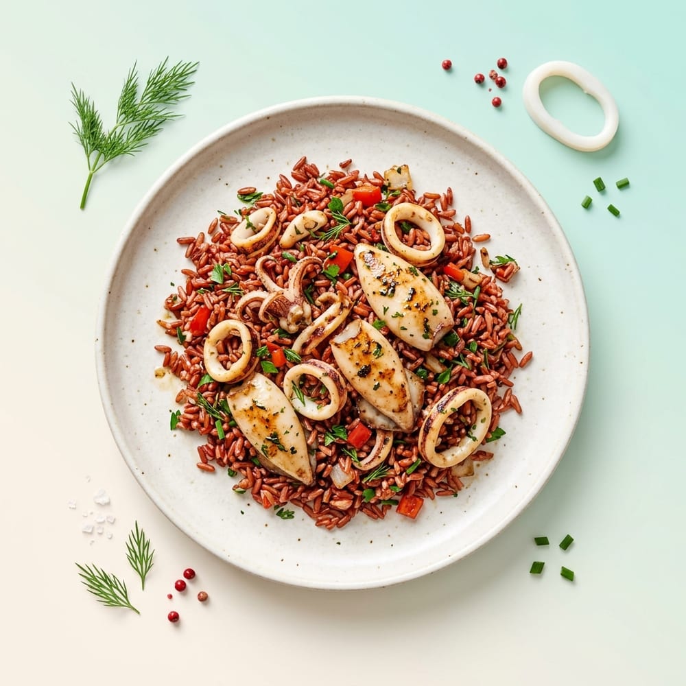 Encornets sautés à la plancha et riz rouge de Camargue