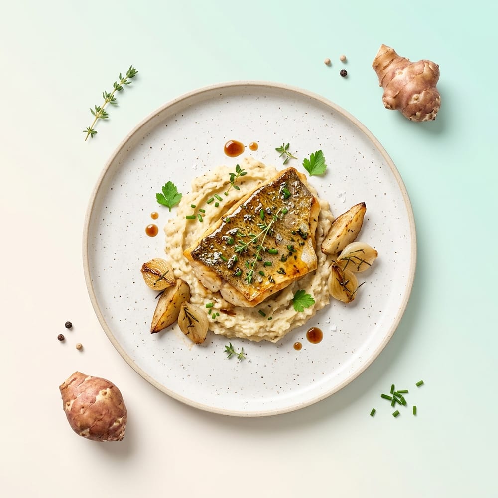 Filet de sandre rôti sur lit de topinambours