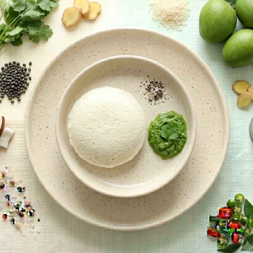Idli indien à la vapeur et chutney de coriandre