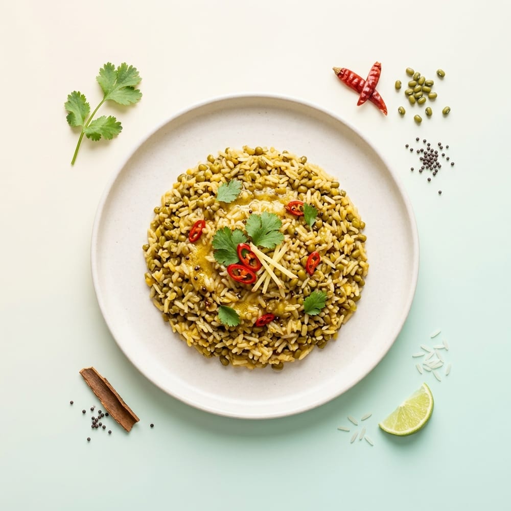 Kitchari indien aux haricots mungo, riz basmati et épices douces