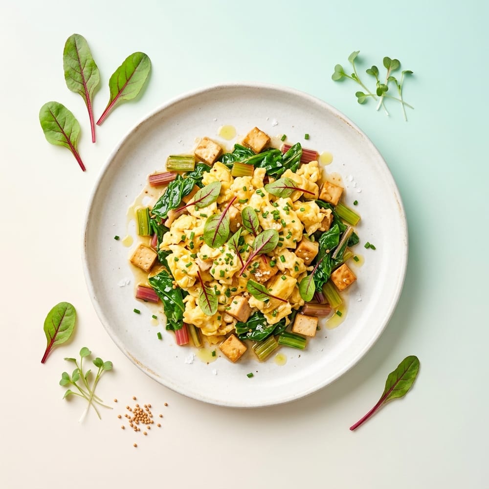 Oeufs brouillés au tofu fumé et pousses de blettes