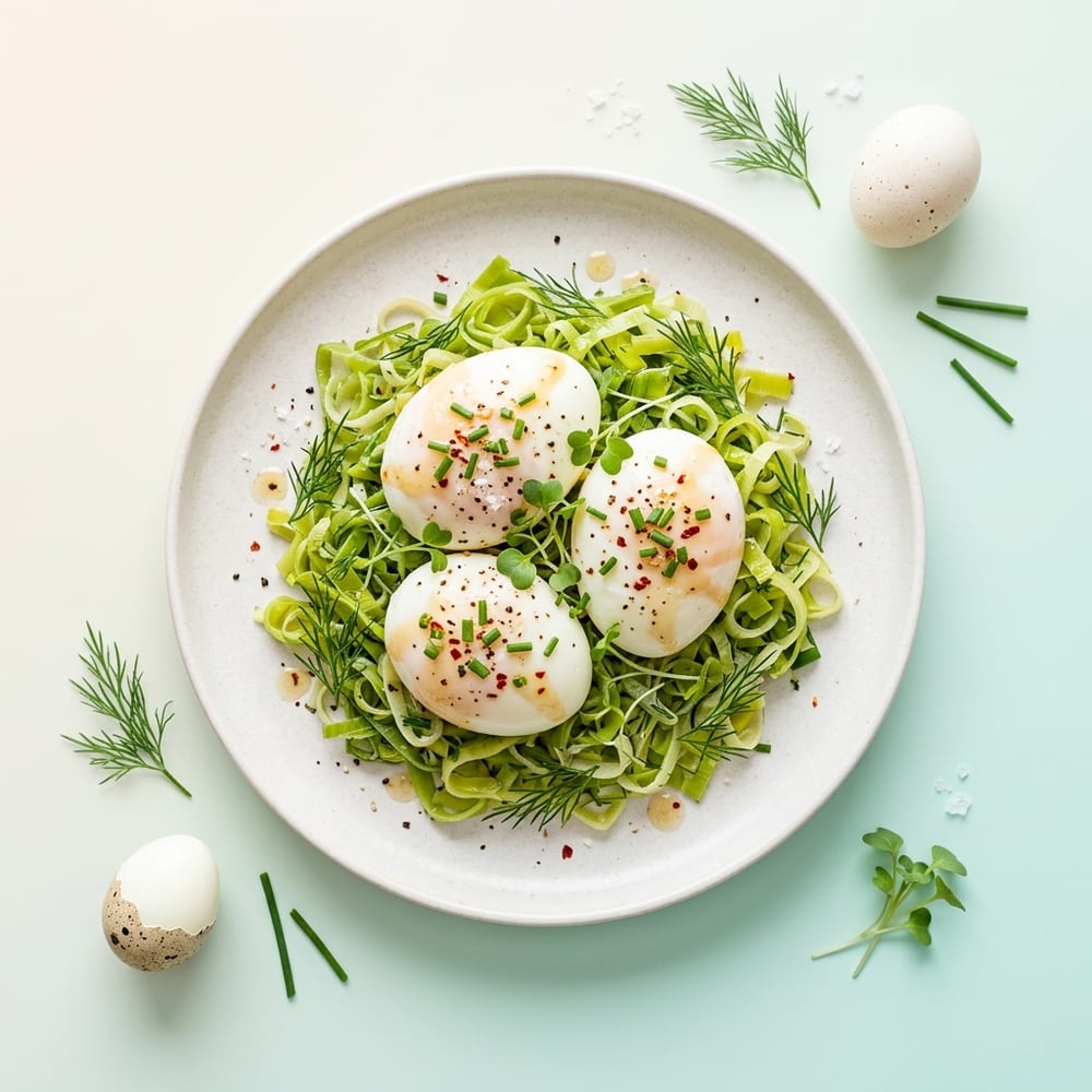 Oeufs dur pochés sur lit de poireaux à la vapeur et vinaigrette de cidre