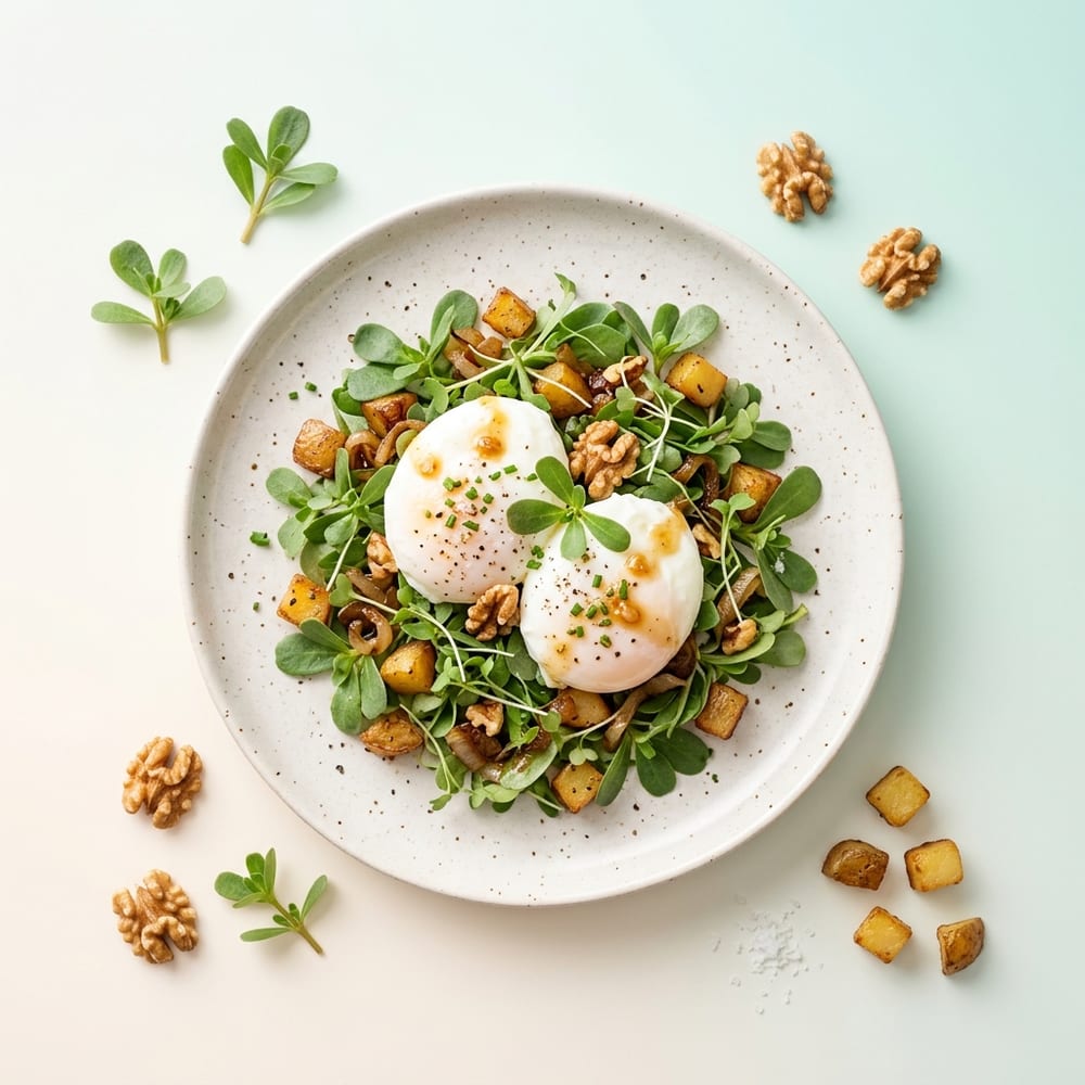 Oeufs pochés sur lit de pourpier et vinaigrette aux noix