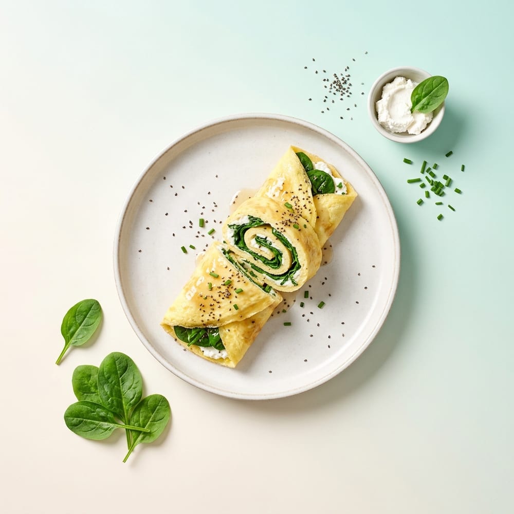 Omelette roulée aux pousses d'épinards, chèvre frais et graines de chia