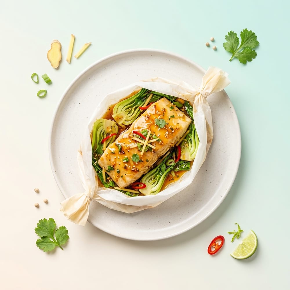 Papillote de flétan au gingembre et pak choi