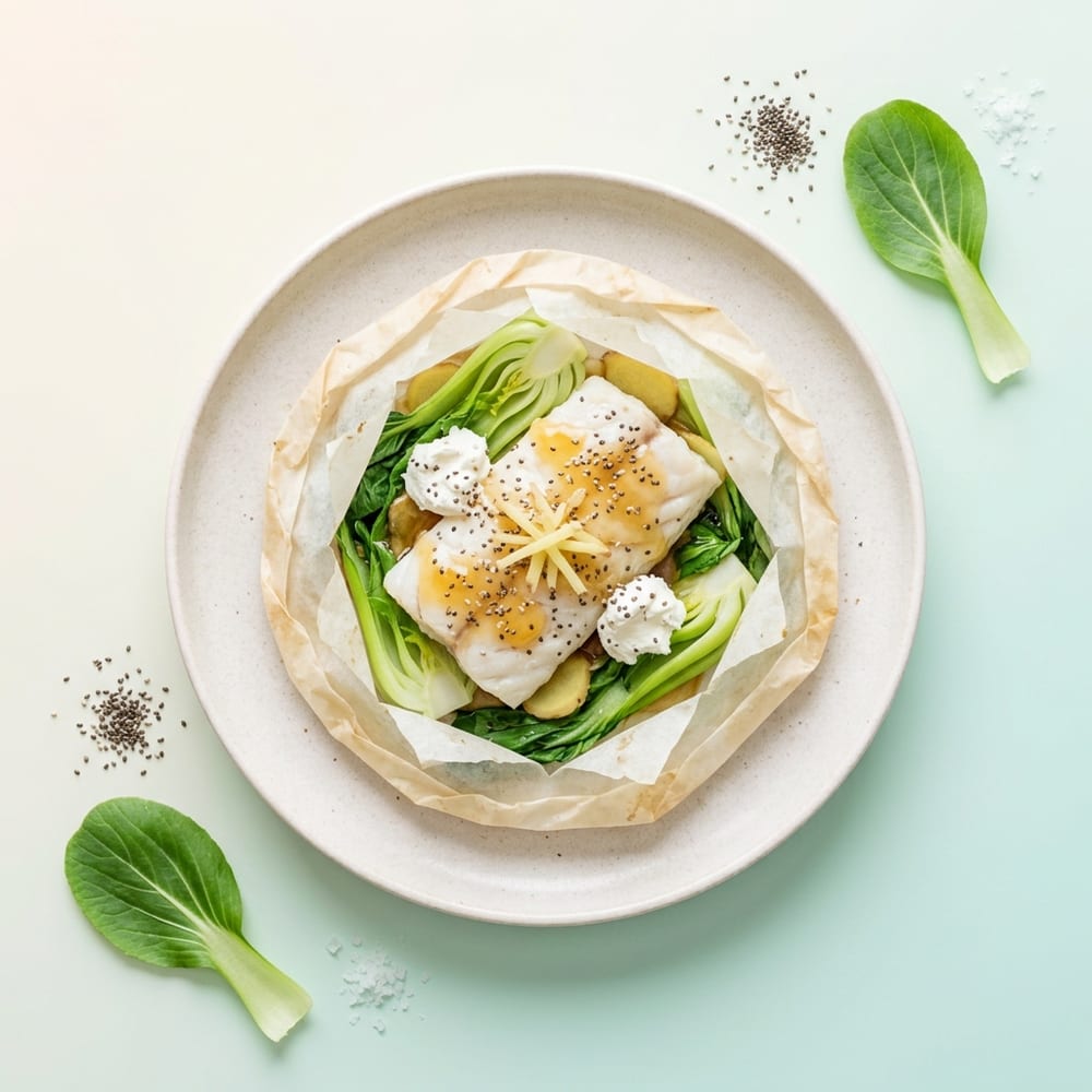 Papillote de merlu blanc au gingembre et pak choi
