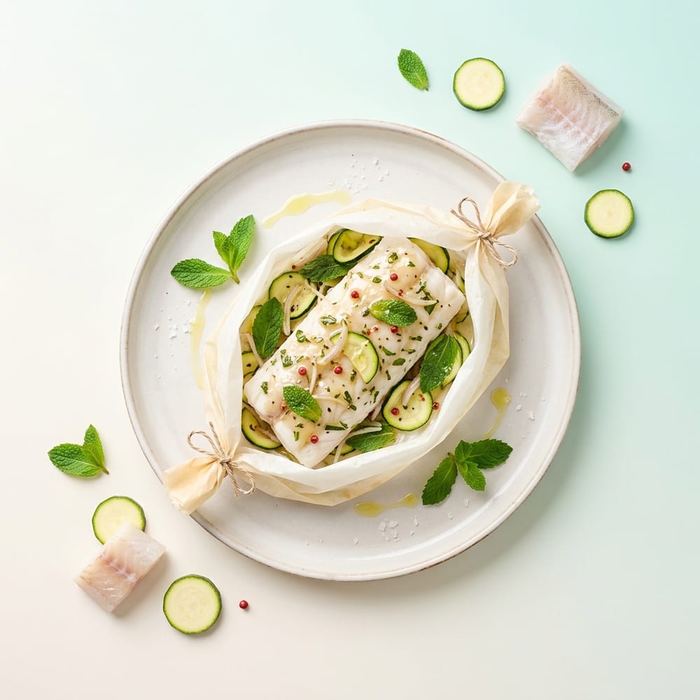 Papillote de merlu blanc aux courgettes et menthe