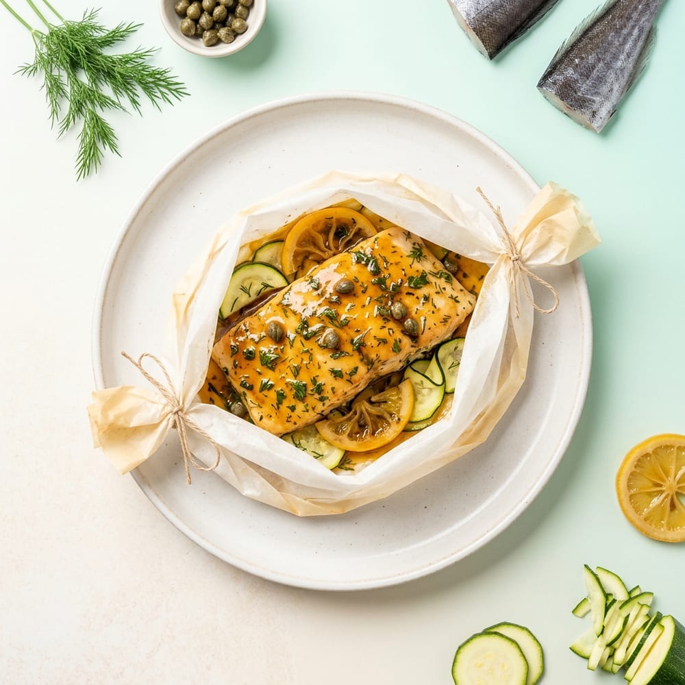 Papillote de sabre aux câpres, citrons confits et courgettes
