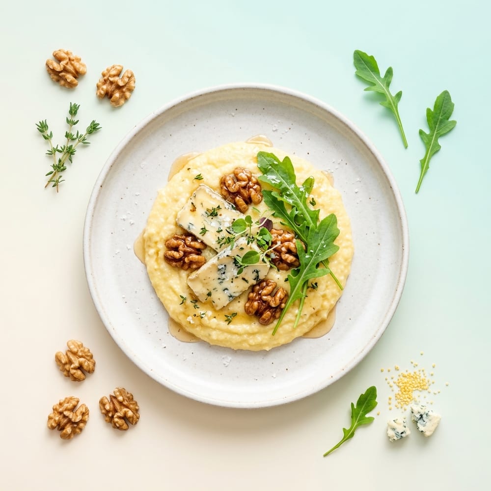 Polenta crémeuse au gorgonzola, cerneaux de noix et roquette