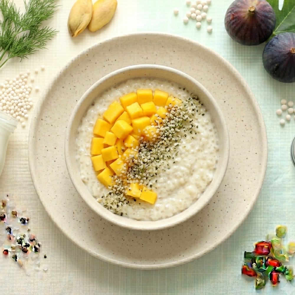 Pouding de tapioca au lait de vache et mangue