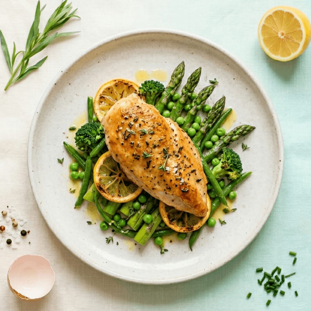 Poulet rôti au citron et légumes verts