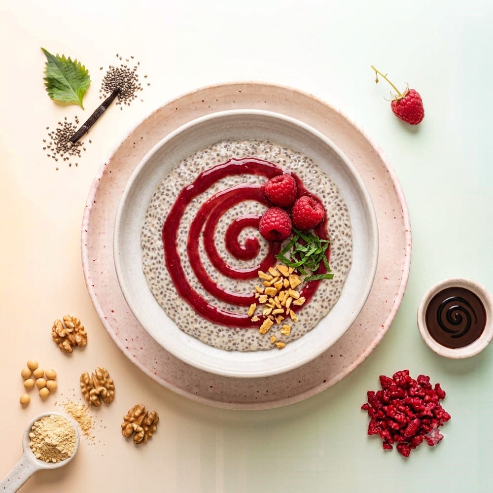 Pudding de graines de chia à la protéine de soja et framboises