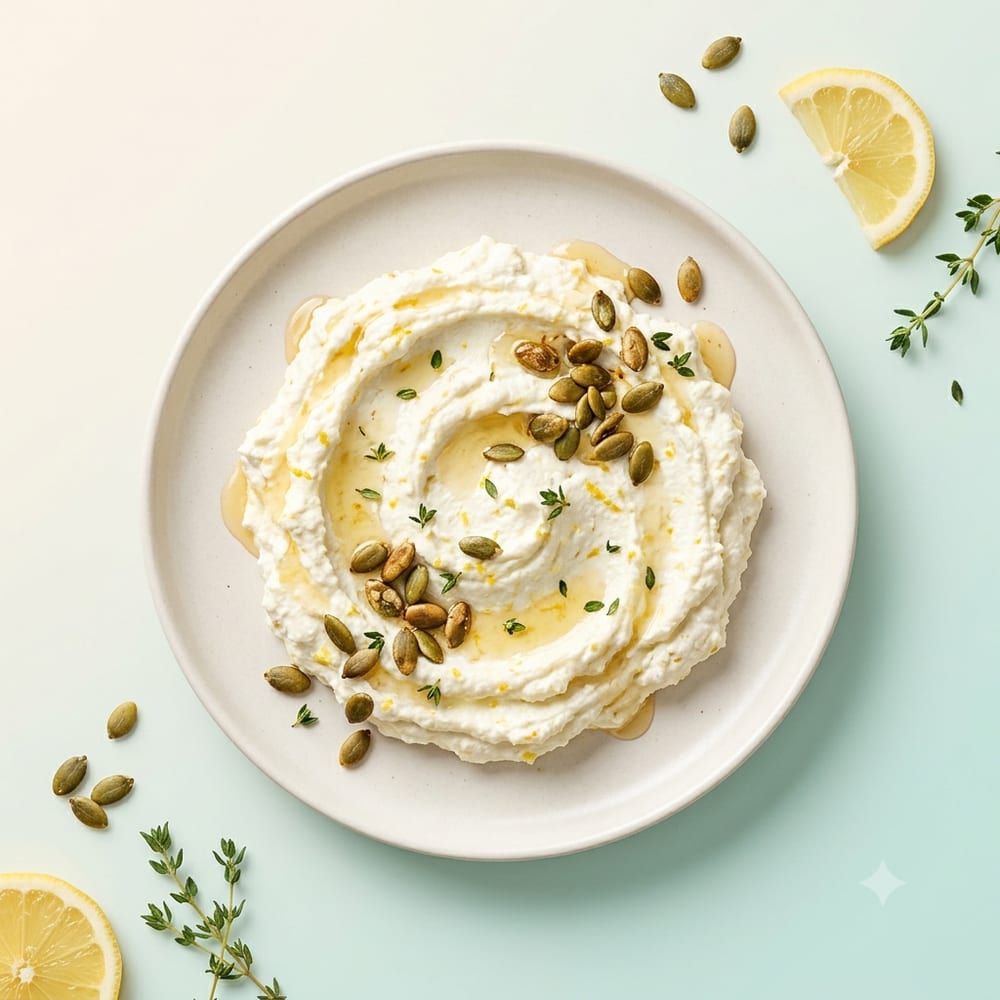 Ricotta fouettée au citron et graines de courge