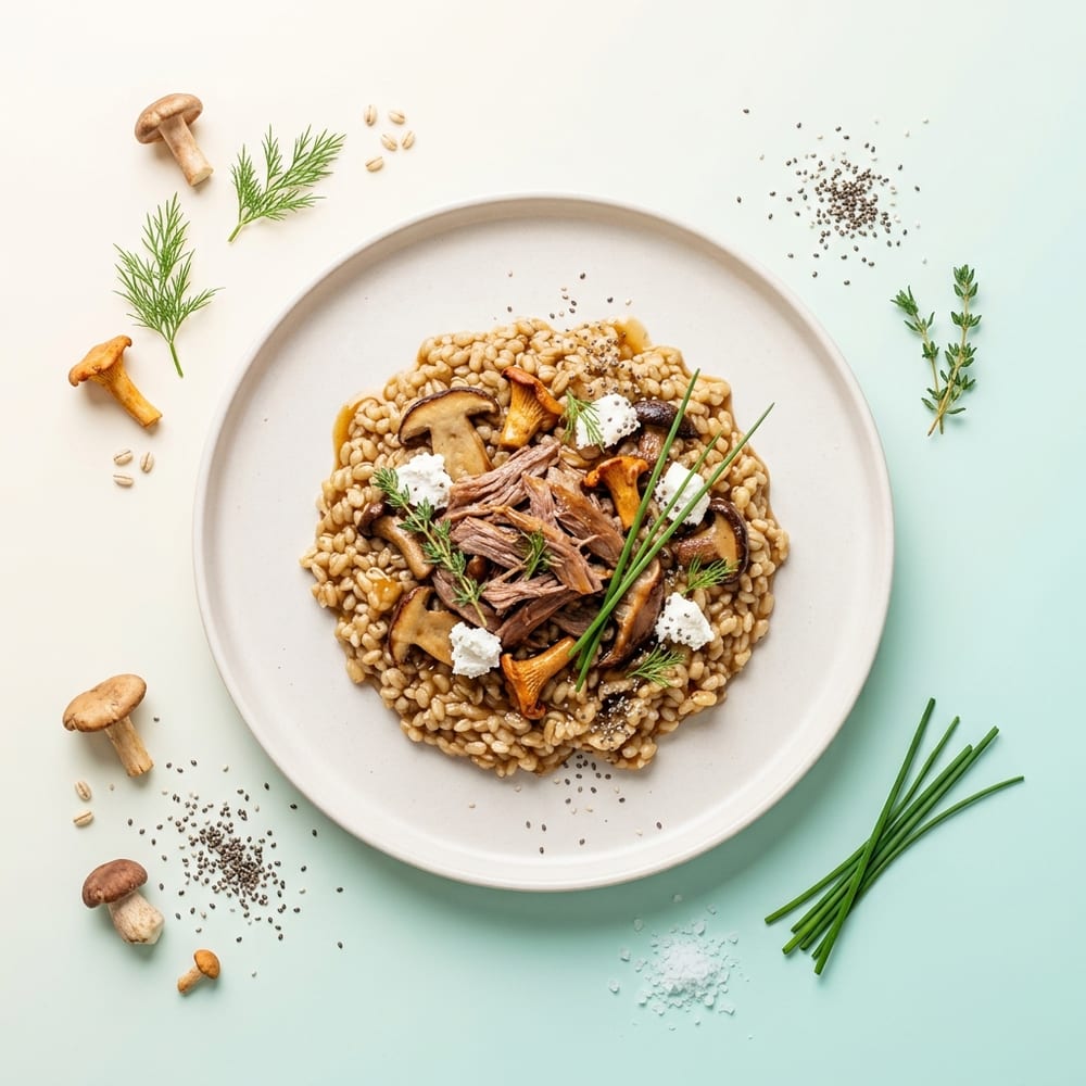 Risotto d'orge perlé au canard et champignons sauvages