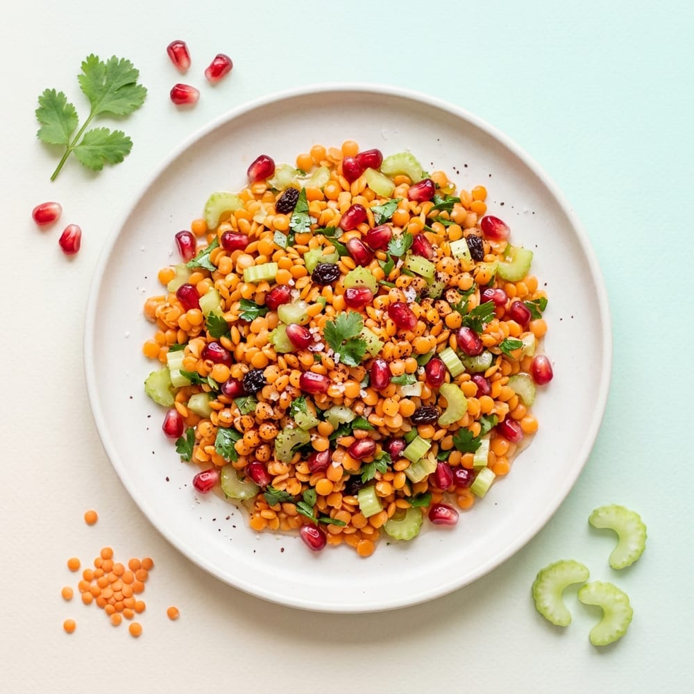 Salade croquante de lentilles corail au céleri-branche et grenade