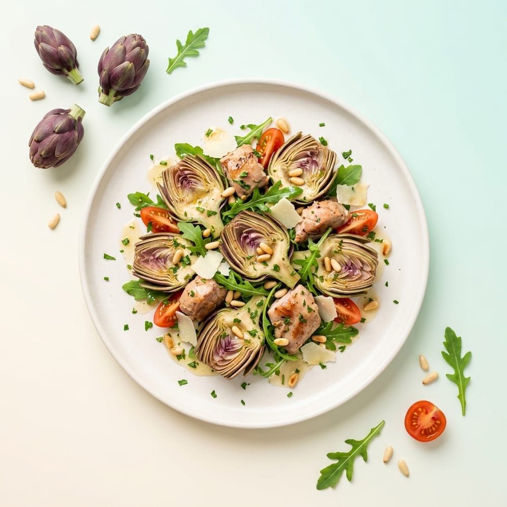 Salade d'artichauts poivrade au lapin rôti et pignons