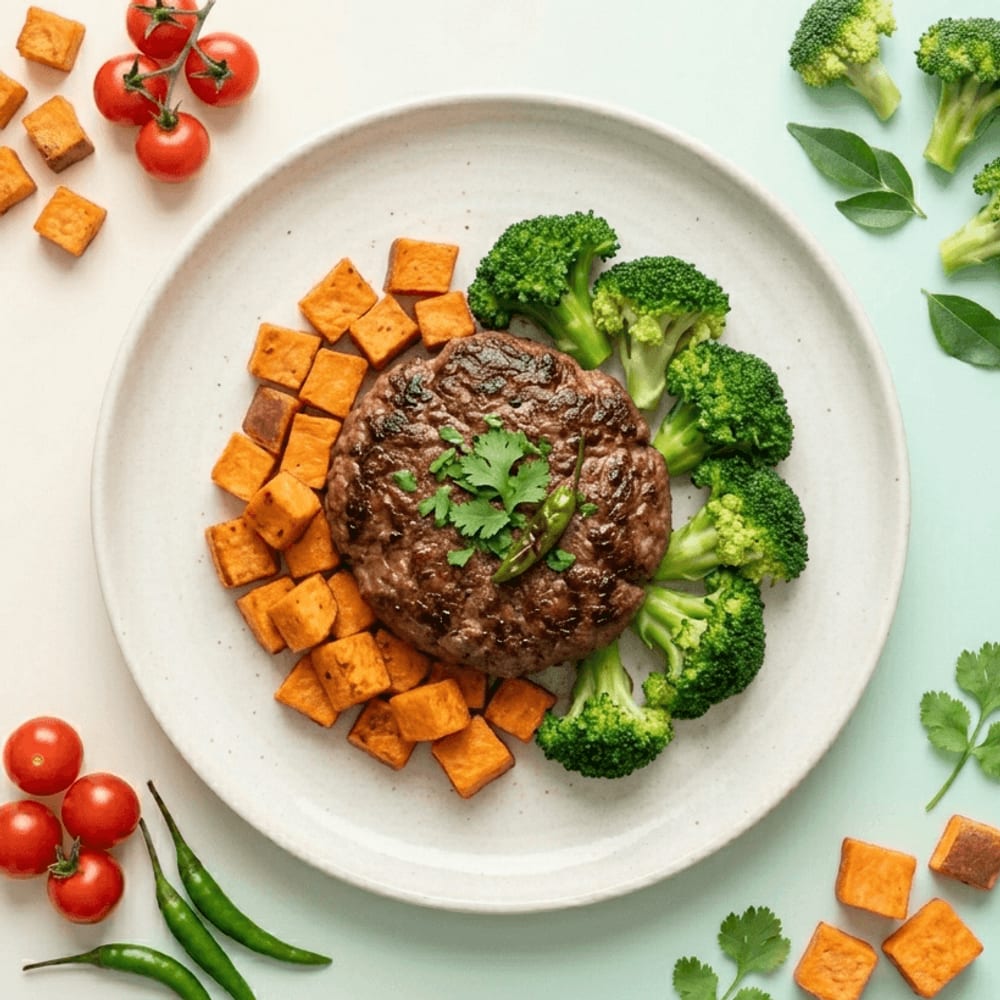 Steak haché, patate douce et brocoli