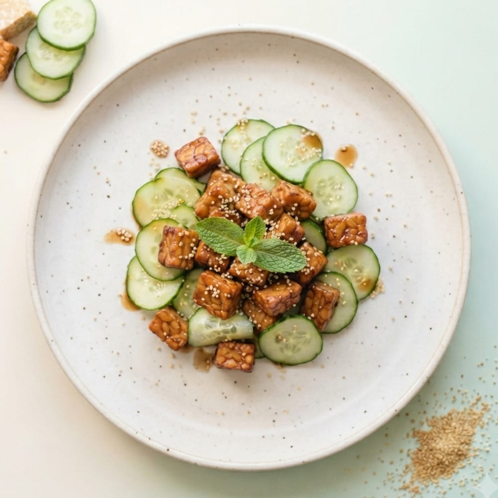 Tempeh poêlé au tamari et tranches de concombre