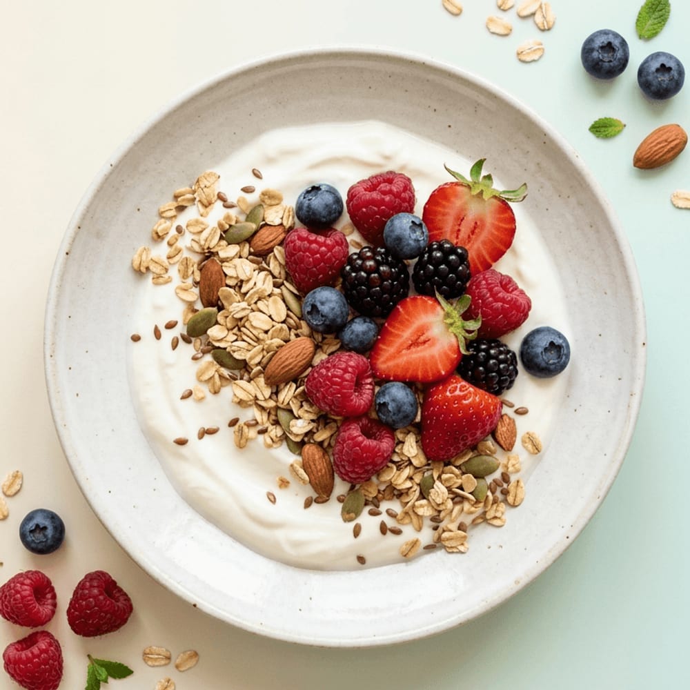 Yaourt grec, granola et fruits rouges